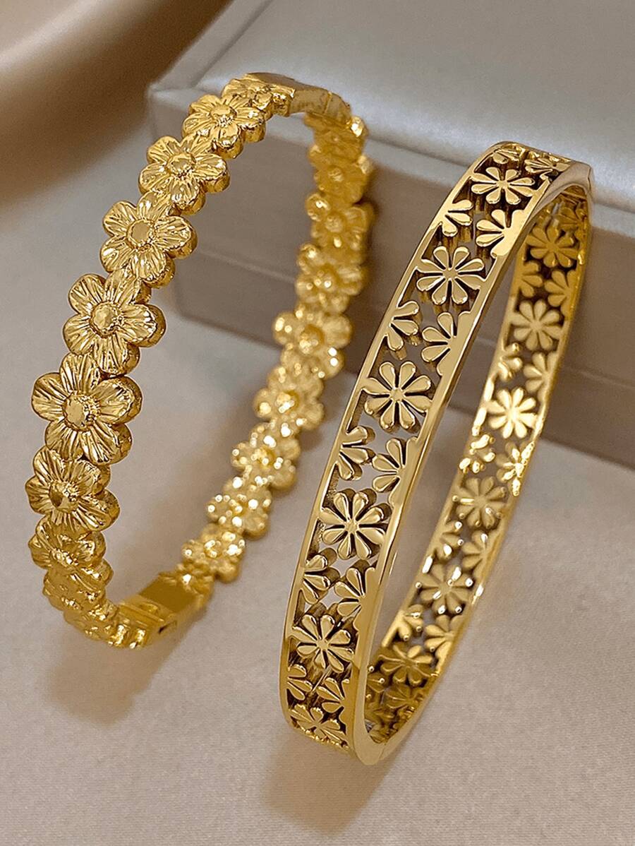 18K Gold Plated Stainless Steel Elegant Floral Bangle Set For Women - Vintage Carved & Cutout Flower Cuff Bracelets, Mom Gift, Teacher Gift, Summer Travel Beach Jewelry, Boho Jewelry, Rave/Prom/Party/Daily Accessories, Back To School Gift, Birthday Gift, Bridesmaid Gifts, Pride Accessories