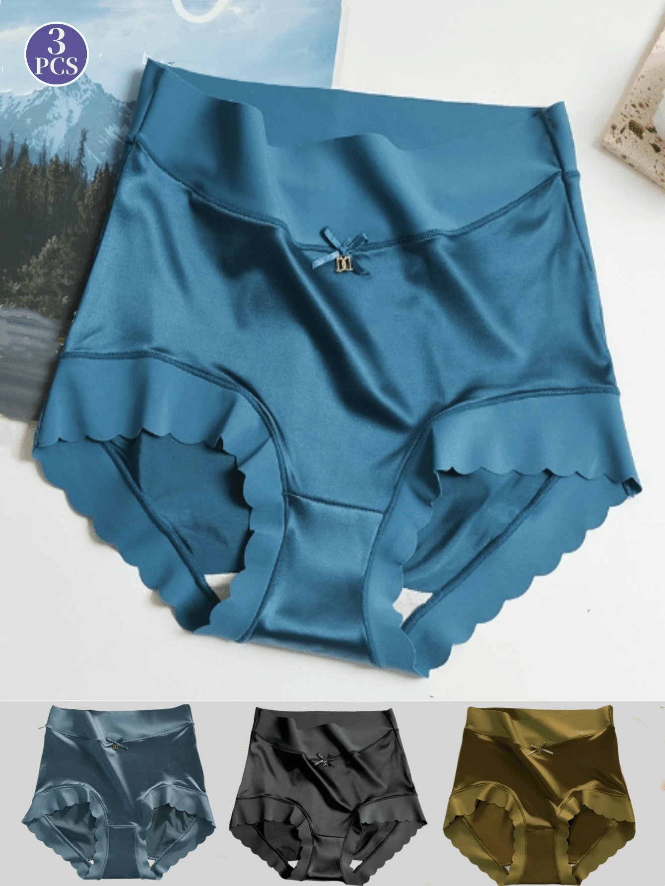 3 Pairs Women High Waist Satin Silk Ice Silk Underwear, Soft Seamless Lift Hipster Briefs