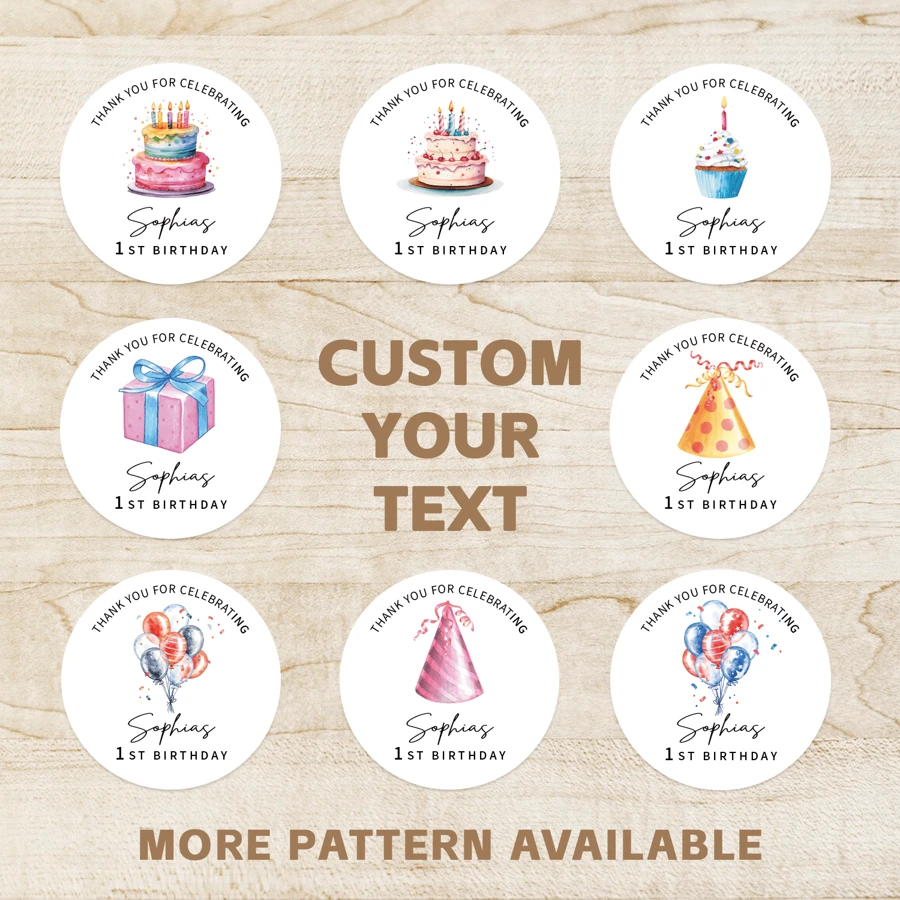 4-26cm personalisierte Geburtstags-Aufkleber, bedruckte Aufkleber mit Ihrem Text, Papieraufkleber in verschiedenen Größen und Materialien, farbecht, perfekte Partydekoration für Geburtstage, Aufkleber "Alles Gute zum Geburtstag", Cupcake-Aufkleber