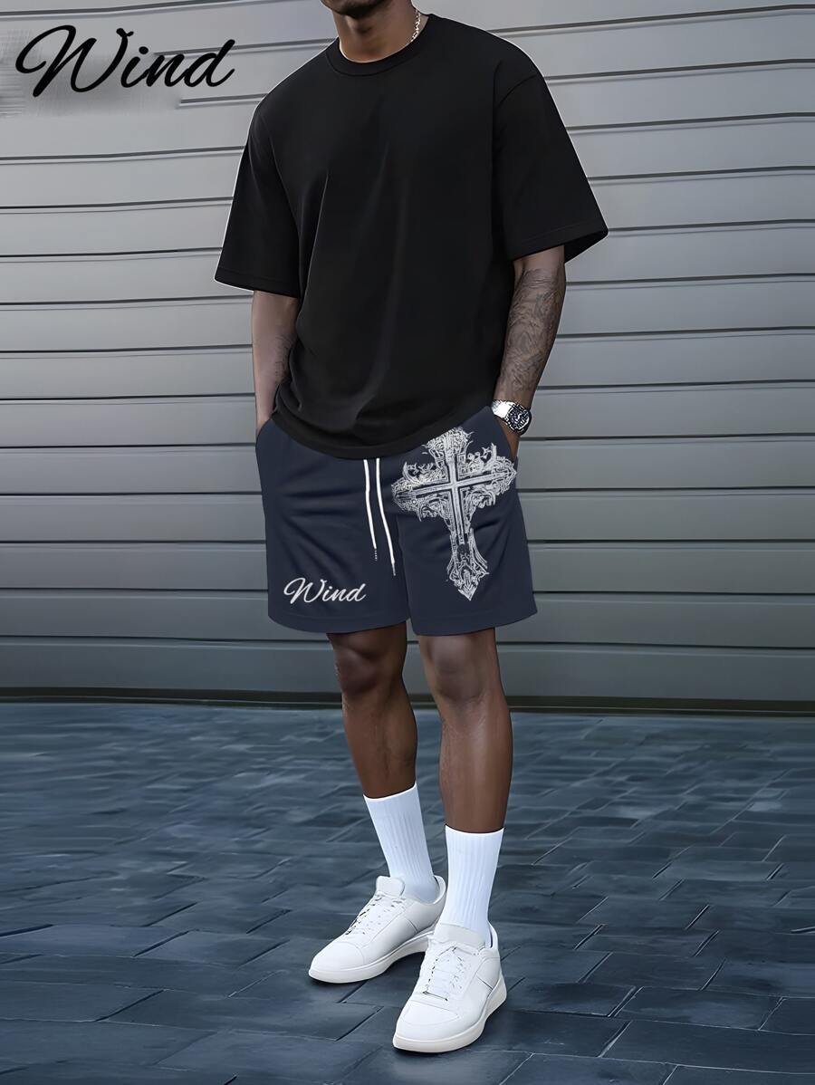 Men's Summer Vintage Cross 3D Print Regular Shorts, Casual Sports Relaxed Fit, Suitable For Sports, Leisure, Home Gatherings