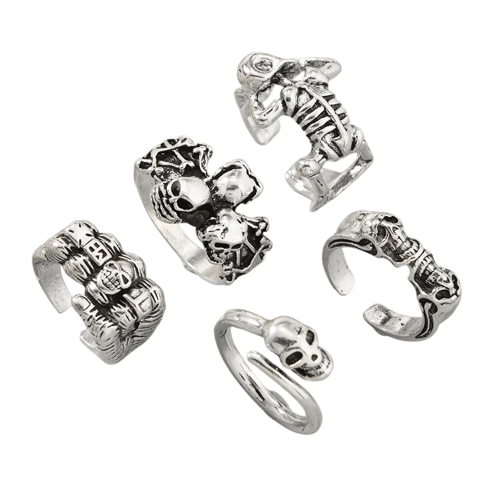 5pcs Adjustable Silver Skeleton Rings Set, Punk Rock Style Biker Rings For Men, Suitable For Nightclub, Party, Bar Wear, Versatile DIY Street Accessories