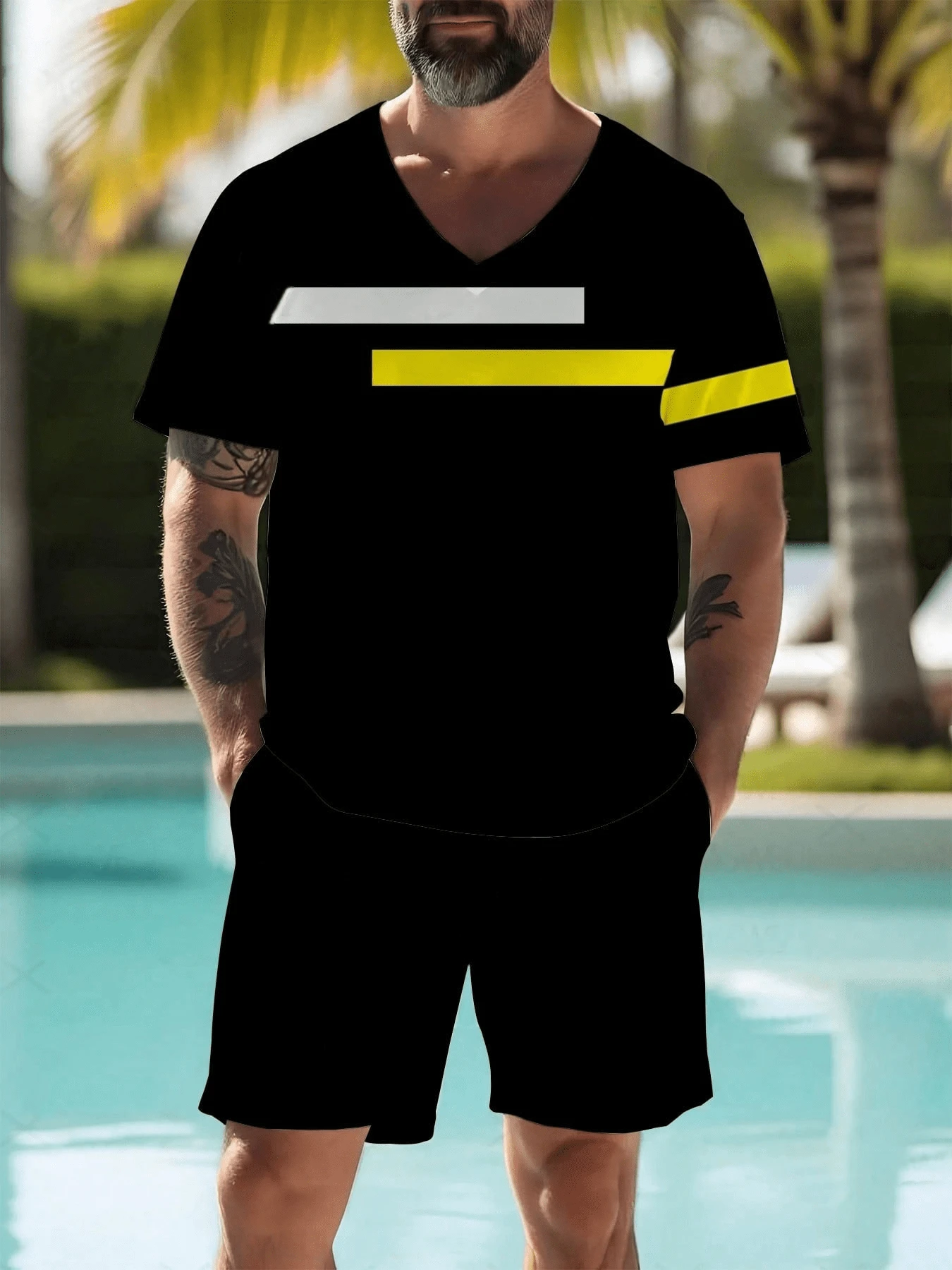 Plus Size Men's Striped Print V-Neck Short Sleeve T-Shirt And Shorts Set, Fashion Casual 2pcs Outfit For Summer