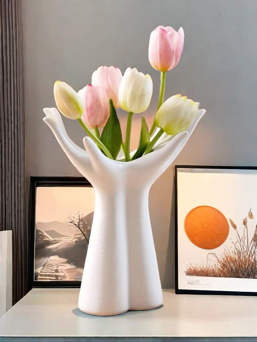 1pc Creative White Matching Vase, Resin Vase, Ideal Bookshelf, Table, Bookshelf, Fireplace, Entrance Decoration, Modern Home Decoration For Living Room And Bedroom, Center Decoration, Mother's Day Gift, Graduation Gift, Wedding Decoration