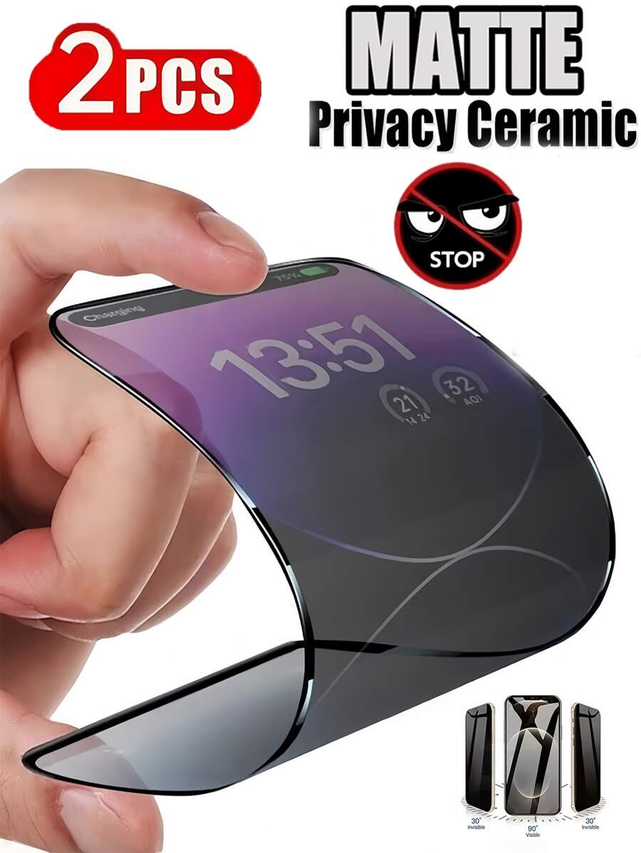 2pcs Matte Anti-Spy Soft Ceramic Film Screen Protector Compatible With IPhone/Galaxy/Redmi/Honor/OPPO, No Bubbles, Easy Full Screen Application, Scratch Resistant, Fingerprint Resistant, No White Border, Ultra-Clear Front Display, Side Privacy Protection, Smooth Touch