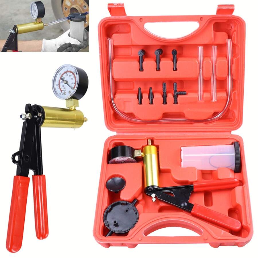 Outil de réparation et de remplacement de l'huile de frein de voiture, dispositif de test de pompe à vide à main, kit d'outils d'échappement d'embrayage hydraulique de voiture avec adaptateur et boîte à outils (rouge)