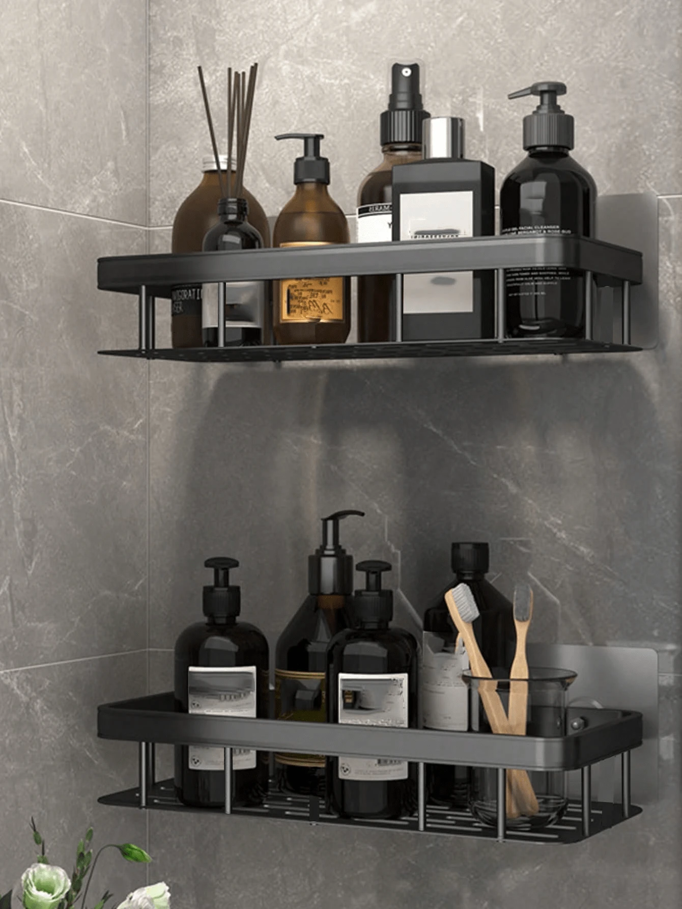 1/2pcs Anti-Rust Shower Corner Rack With Hooks, Wall Mounted Adhesive Shower Storage Shelf, Bathroom Storage Rack, Floating Wall Mounted Rack Back To School