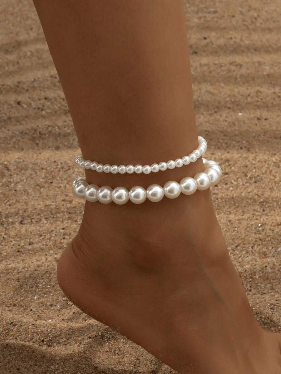 Conjunto de 2 tornozeleiras com contas de pérolas, tornozeleira moderna e minimalista com contas de pérolas falsas, tornozeleira pequena e grande com pérolas para uso na praia, para meninas e mulheres