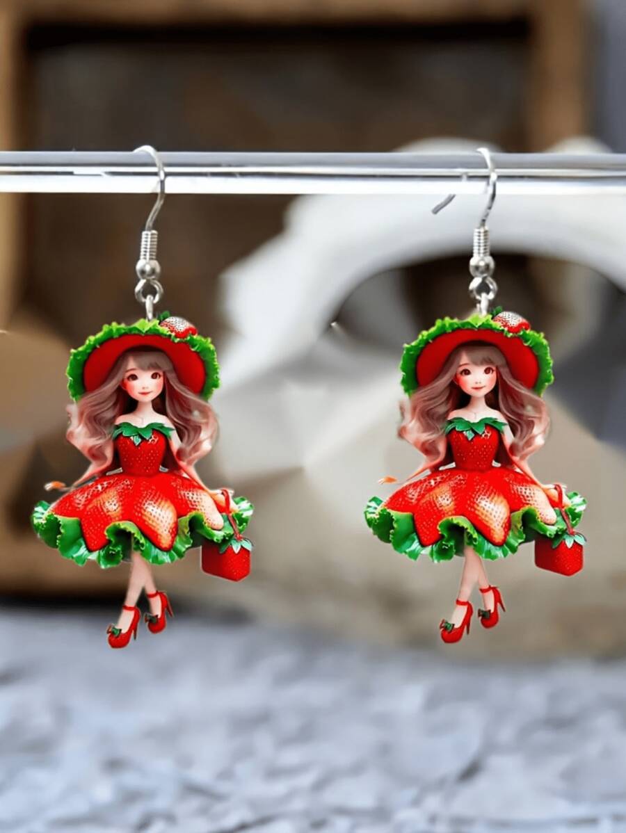 1 paire de boucles d'oreilles à la mode et créatives en forme de poupée fraise, avec un fil d'oreille de haute qualité convenant pour les fêtes de Noël et un pendentif d'oreille élégant