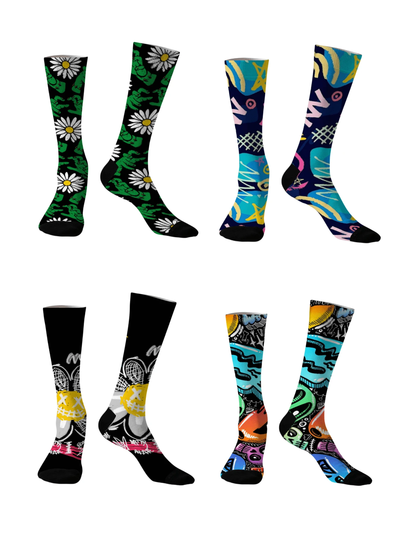 1/2/4/5 pares de calcetines negros tipo tripulación con estampado de flores para hombres, calcetines medianos, calcetines de grafiti callejero, hip hop, rock, calcetines decorativos, unisex, para usar en deportes al aire libre