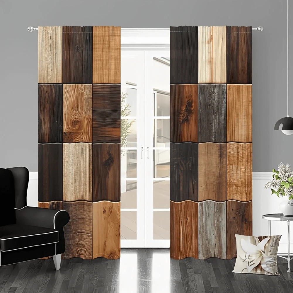 2 peças, tábua de corte de madeira estilo fazenda, patchwork com padrão de porta de madeira, cortinas de janela semi-blackout para sala de estar, quarto, cozinha, escritório, estudo, decoração de casa com bolso para vara, interior e exterior, impressão digital, estética suave