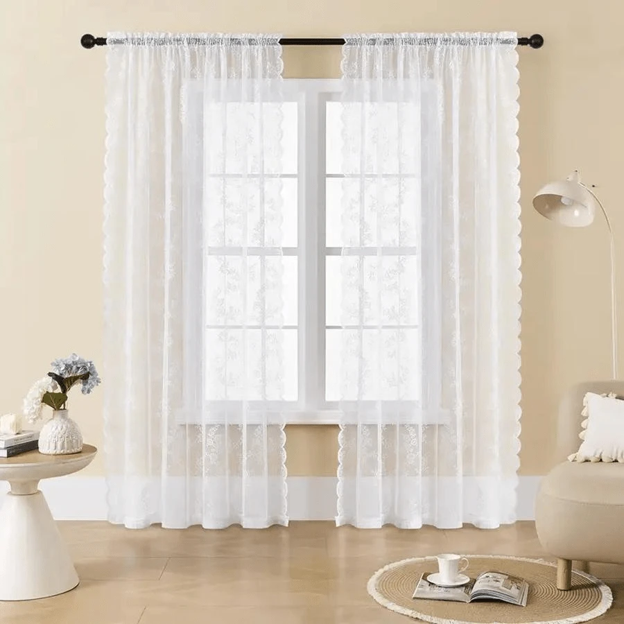 2pcs Vintage Floral Embroidery Clear Lace Curtain Panel - Privacy & Light Filtering, Machine Washable,