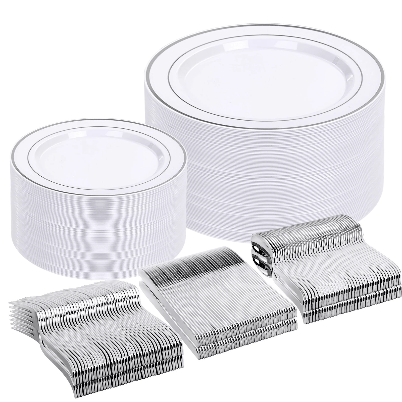 50pcs Silver Plastic Plates, Silver Disposable Dinnerware Set Includes Plates, Dessert/Salad Plates, Silver Forks, Knives And Spoons - Serves 10/25/50 People, Tableware Set Perfect For Weddings, Holidays, Parties