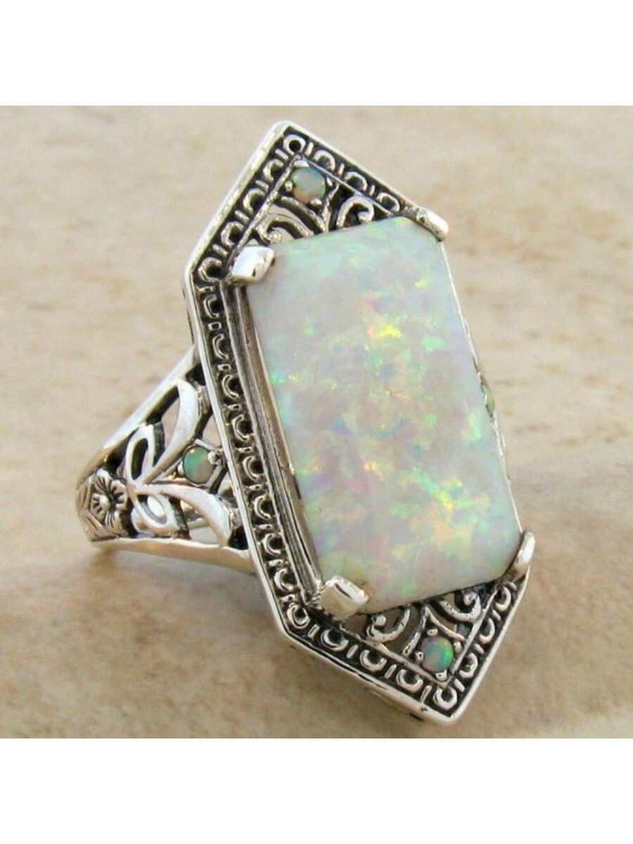 1 Stück Ring im Boho-Stil mit versilberter Oberfläche und quadratischem synthetischem Opal, symbolisiert Adel und Schönheit, geeignet für alltägliche Outfits und Party-Accessoires, perfektes Geschenk für Frauen
