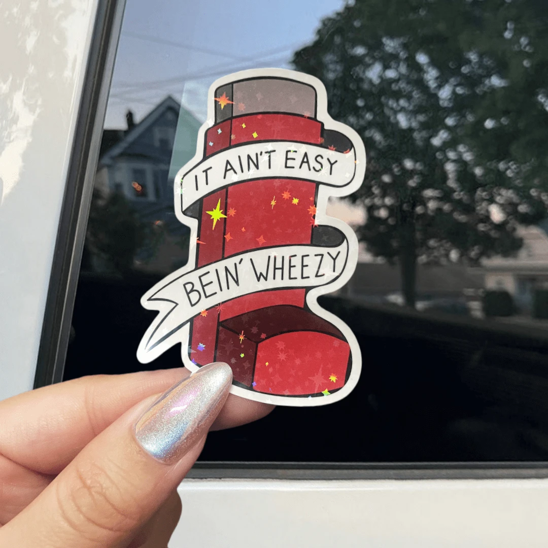 "It Ain't Easy Bein' Wheezy" Asthma Awareness Vinyl Bumper Sticker - Cartoon Inhaler Design, Self-Adhesive Decal For Cars, Trucks, Laptops, And Phones, Front Placement, Single Use, Glossy Finish School Supplies, Back To School