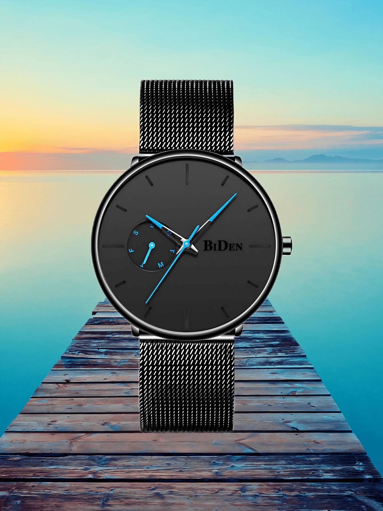 BIDEN Reloj de cuarzo para hombres BIDEN, correa de malla de acero inoxidable ultrafina, estilo de negocios casual, adecuado para uso diario, regalo para vacaciones y cumpleaños
