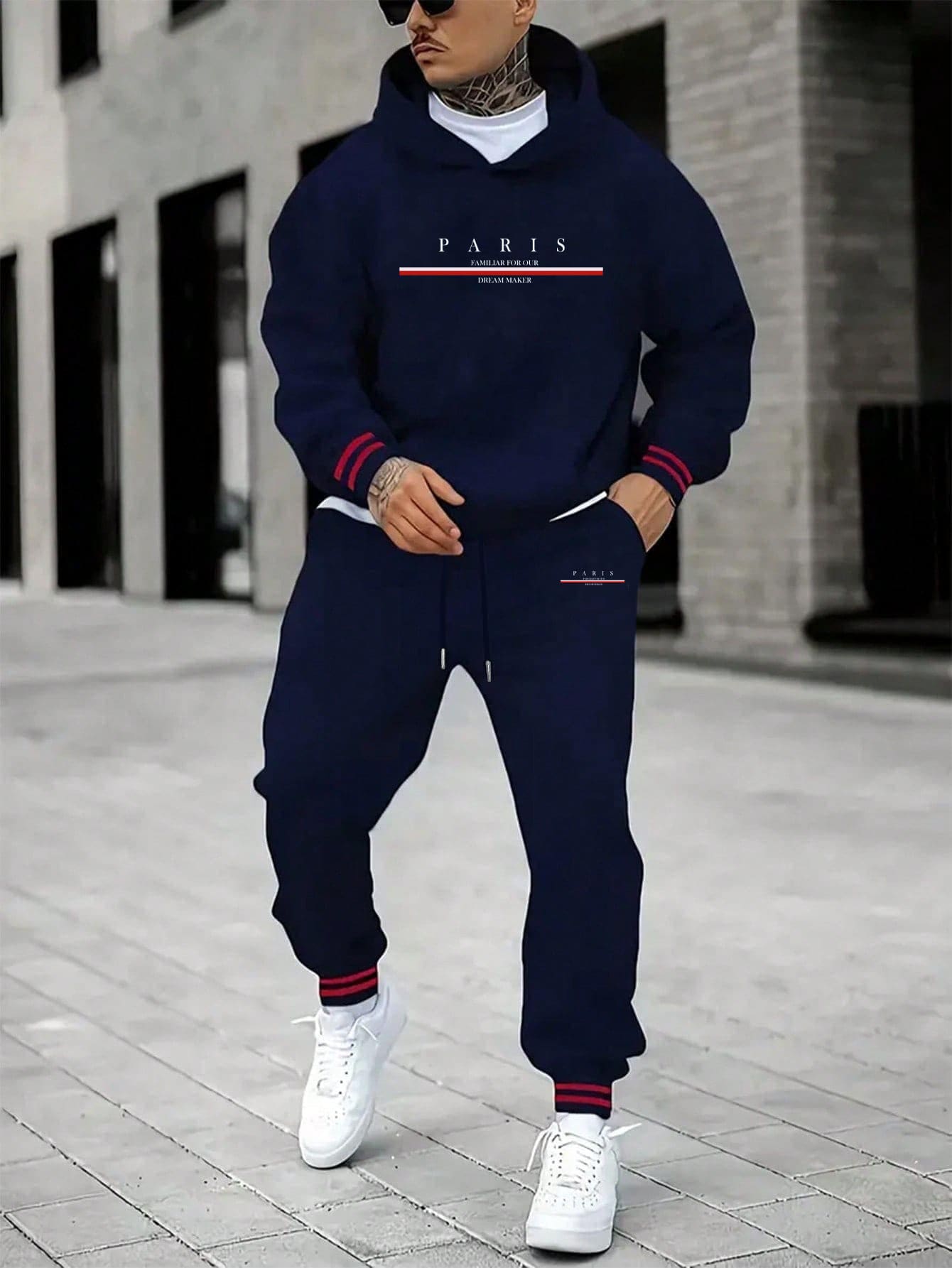 Herren Herbst/Winter Set aus einfarbigem, gestauchtem Langarm Kapuzenpullover und Hose, stilvolles grafisches Druckdesign, Kapuzenpullover mit großen Taschen, verstellbarer Tunnelzug an der Hose, perfekt für Lässig Wear, Club Fußball Training, täglichen Sport