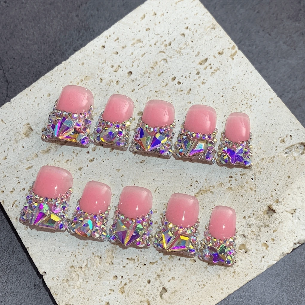 10pcs Elegant Nude Pink French Tip Press-On Nails With Sparkling AB Crystal Rhinestones - Medium Duckbill Shape, Reusable & Salon-Quality For Weddings, Parties & Birthday