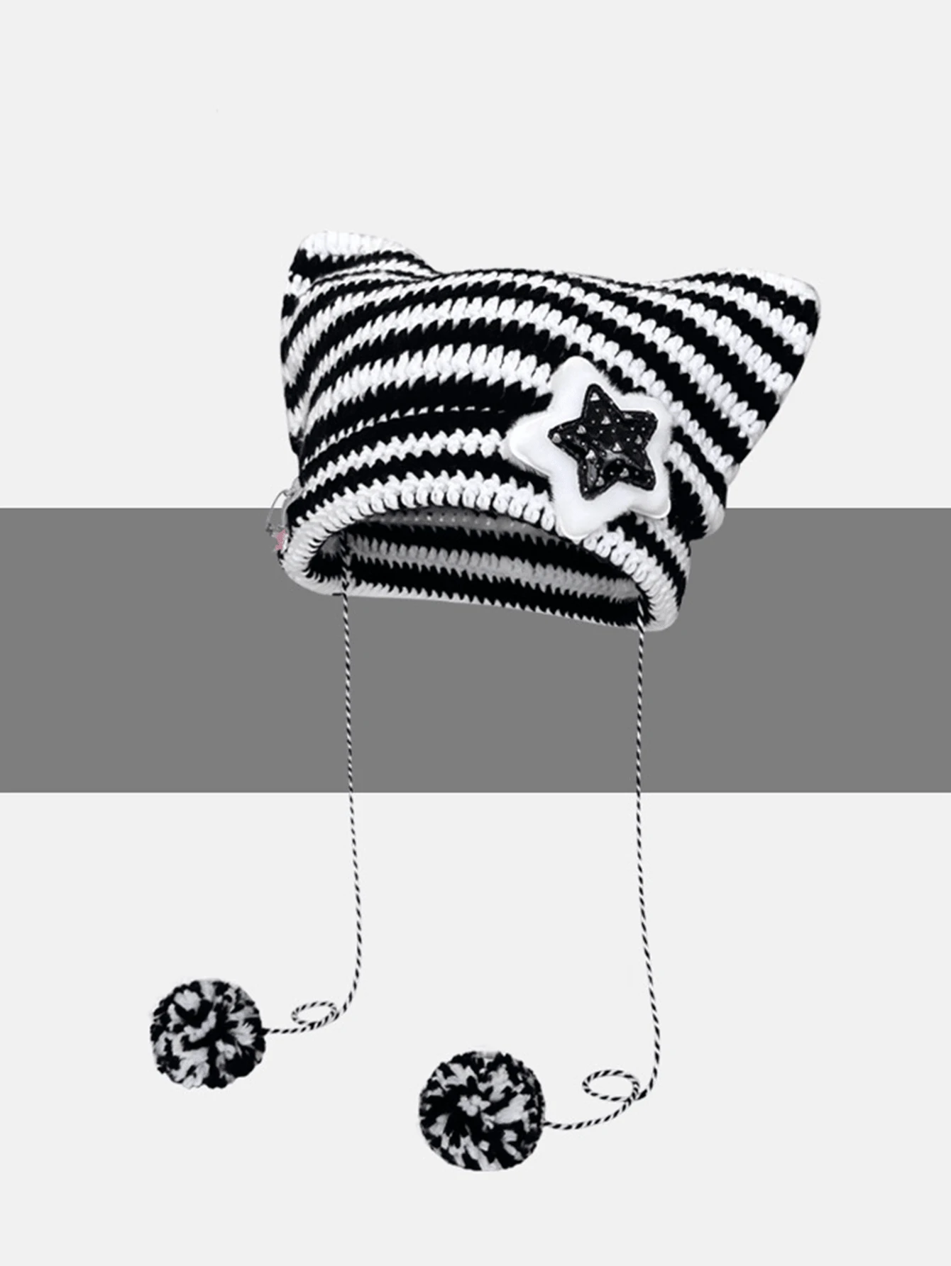 1 Peça Gorro Punk Gótico Y2K Fofo Preto e Branco com Listras e Orelhas de Gato, Gorro de Lã para Mulheres no Outono e Inverno, Gorro de Tricô e Crochê Diabo Pequeno Quente