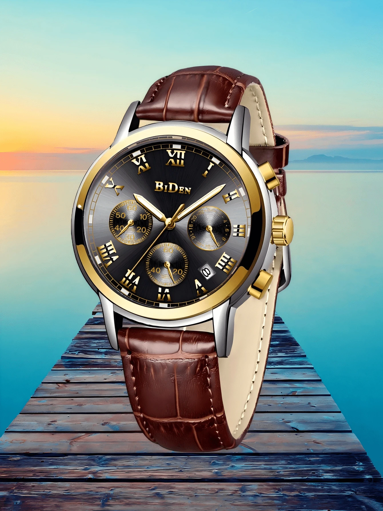BIDEN BIDEN Men's Classic Roman Digital Watch - Fashionable Date Quartz Watch, PU Leather Strap - Elegant And Comfortable Casual Watch, Suitable For Men's Parties And Daily Wear, Best Gift For Men+Gift Box