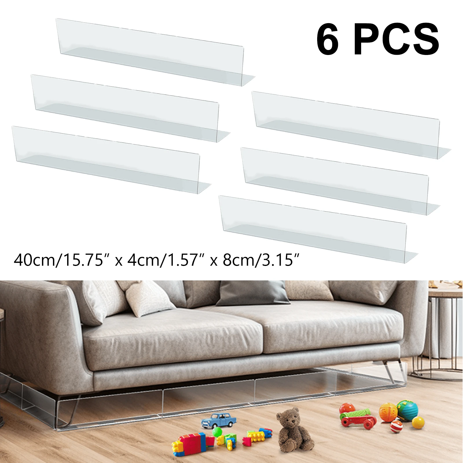 6pcs Under Couch Blockers - Adjustable Pet Toy Blocker, Furniture Gap Stopper For Toys And Debris, Cuttable Design For Clear & Stop Things Going Under Sofa, Bed, And Shelves, Gap Cover Blocks | Durable Plastic