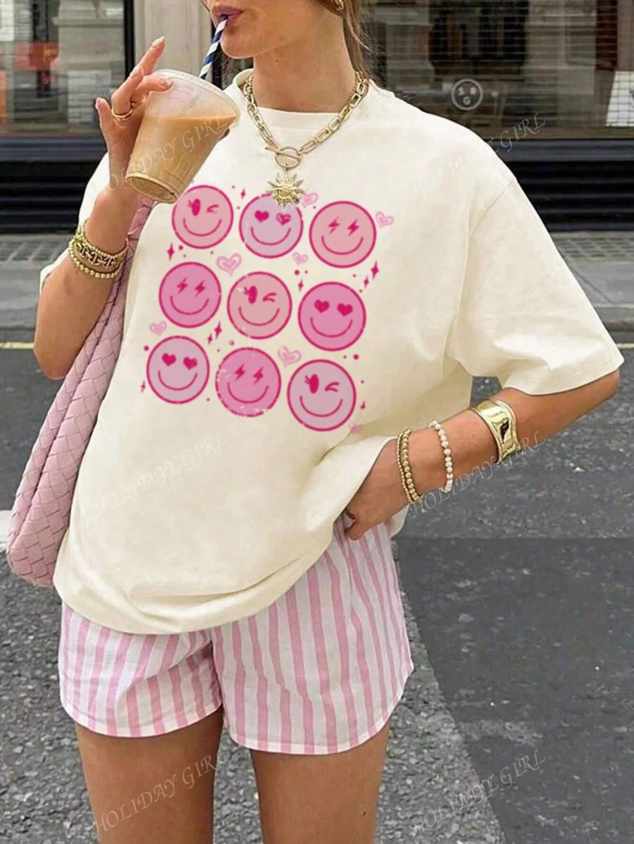 maglietta bianca da donna a maniche corte, con semplice stampa sul volto, casual e da tutti i giorni, girocollo, adatta per l'uso quotidiano come magliette con stampe di