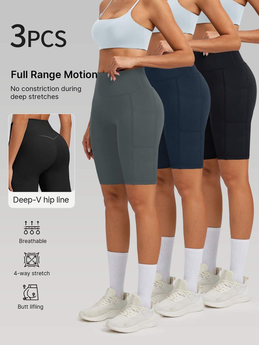 Set de 3 piezas de pantalones cortos/shorts de mujer de cintura alta con control de abdomen, con bolsillos, de tela elástica y transpirable para absorber la humedad, para fitness, deportes al aire libre, yoga, pilates, correr, ciclismo