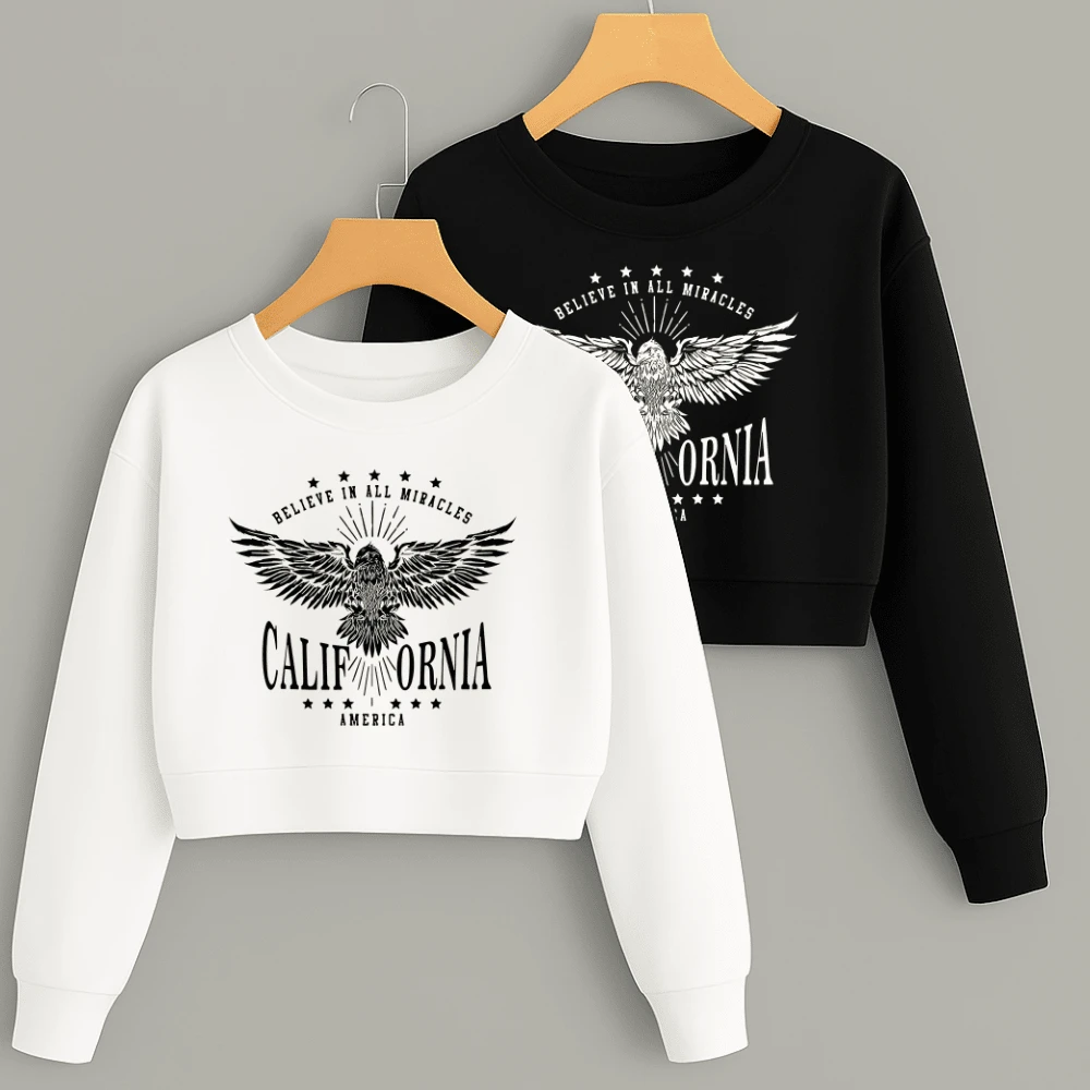 Kit Cropped Moletom (2 peças) Estampa California Asas Blusa de Frio Curtinha Conjunto Agasalho Look Inverno