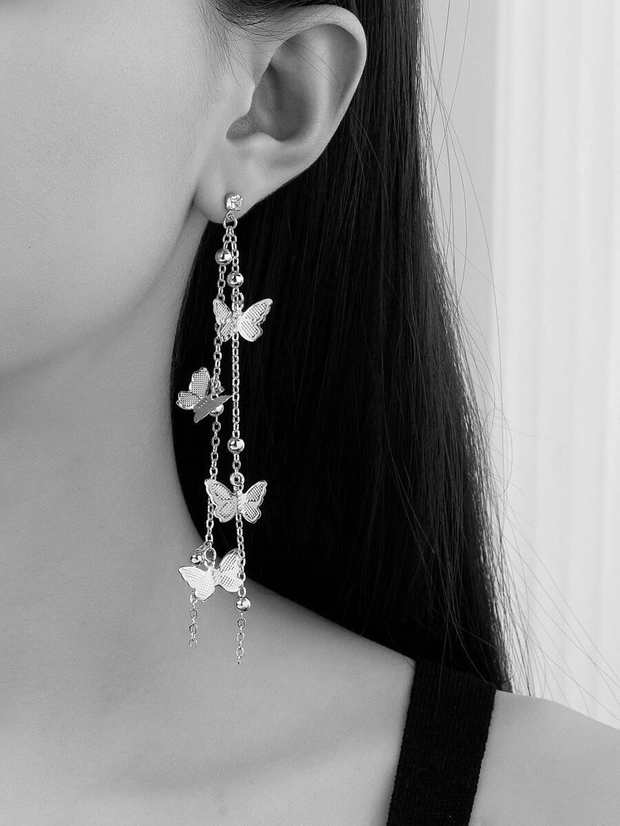 2pcs Fashionable Versatile Long Tassel Butterfly Pendant Earrings For Girls Wear Every Day, Party Jewelry