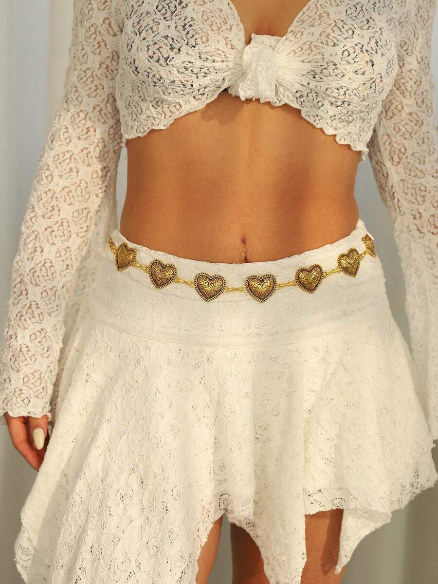 1pc Vintage Floral Carved Body Jewelry Waist Chain, Heart Shaped Waist Chain For Women