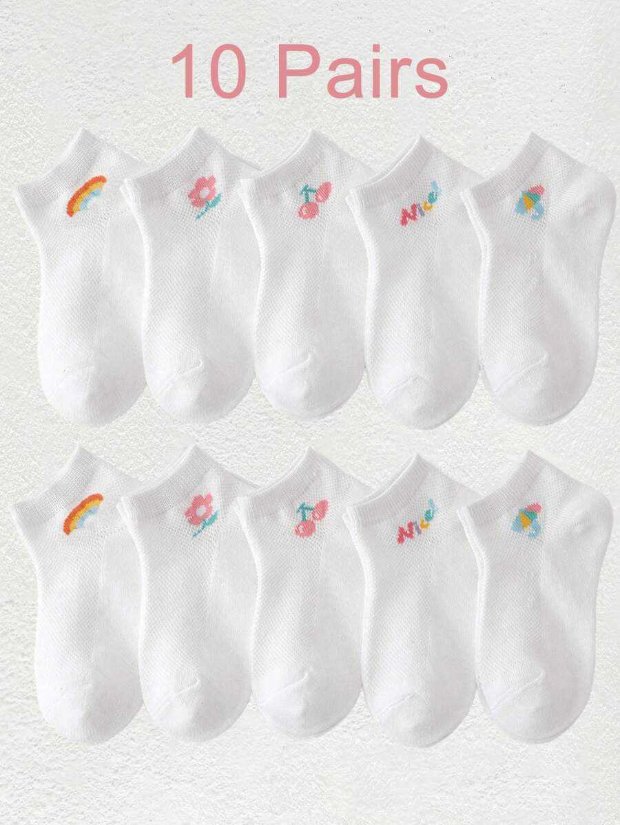 10 Pairs Random Color & Style Girl's Letter Mesh Breathable Ankle Socks, Suitable For Everyday Wear