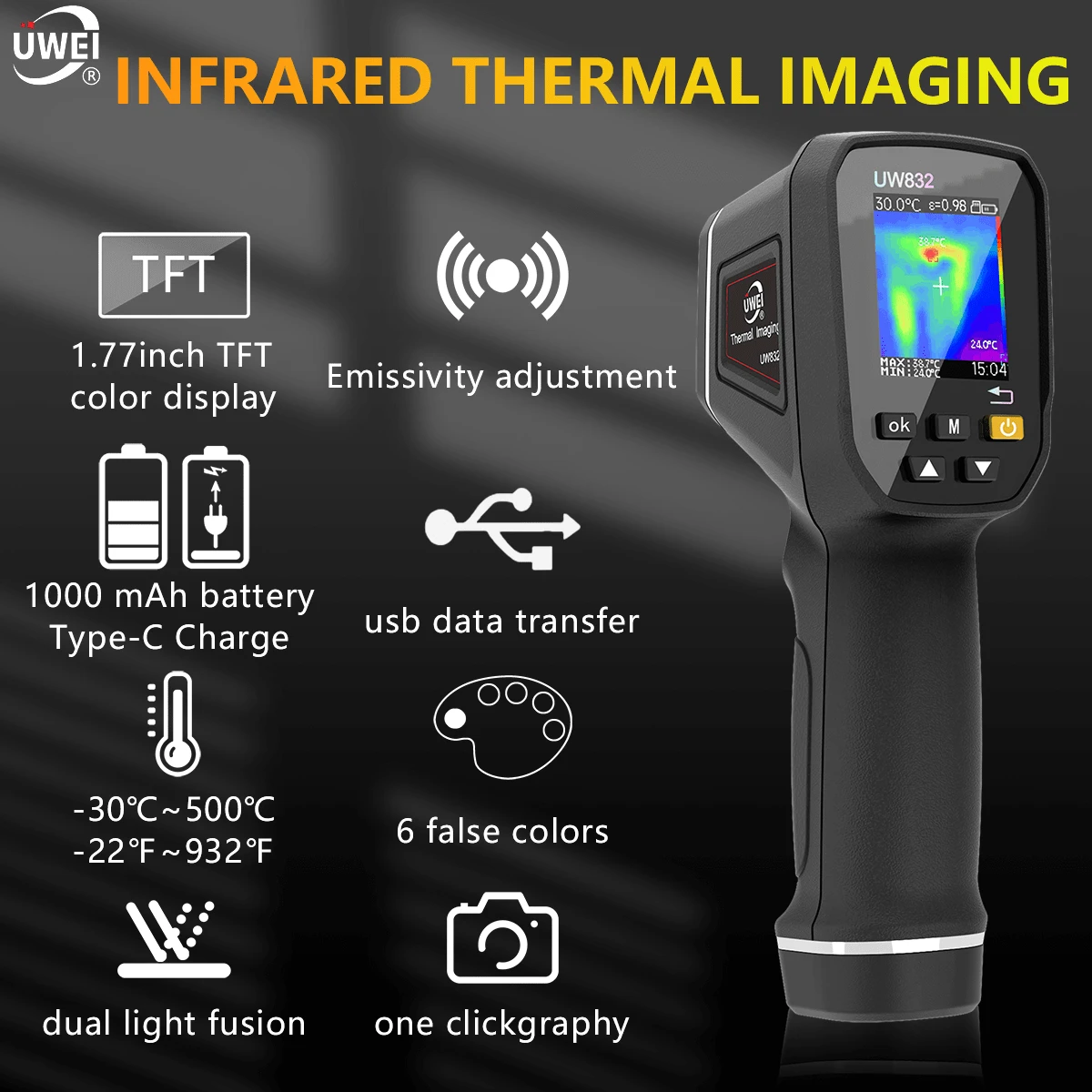 UWEI 1pc Rechargeable Infrared Thermal Imager, 32 X 32 IR Resolution, Handheld 30000 Pixels Thermal Imaging Camera With Colorful Display, 0.01-1 Emissivity Adjustable, With USB Interface And 8GB Image Storage And 1000mAh Built-In Battery