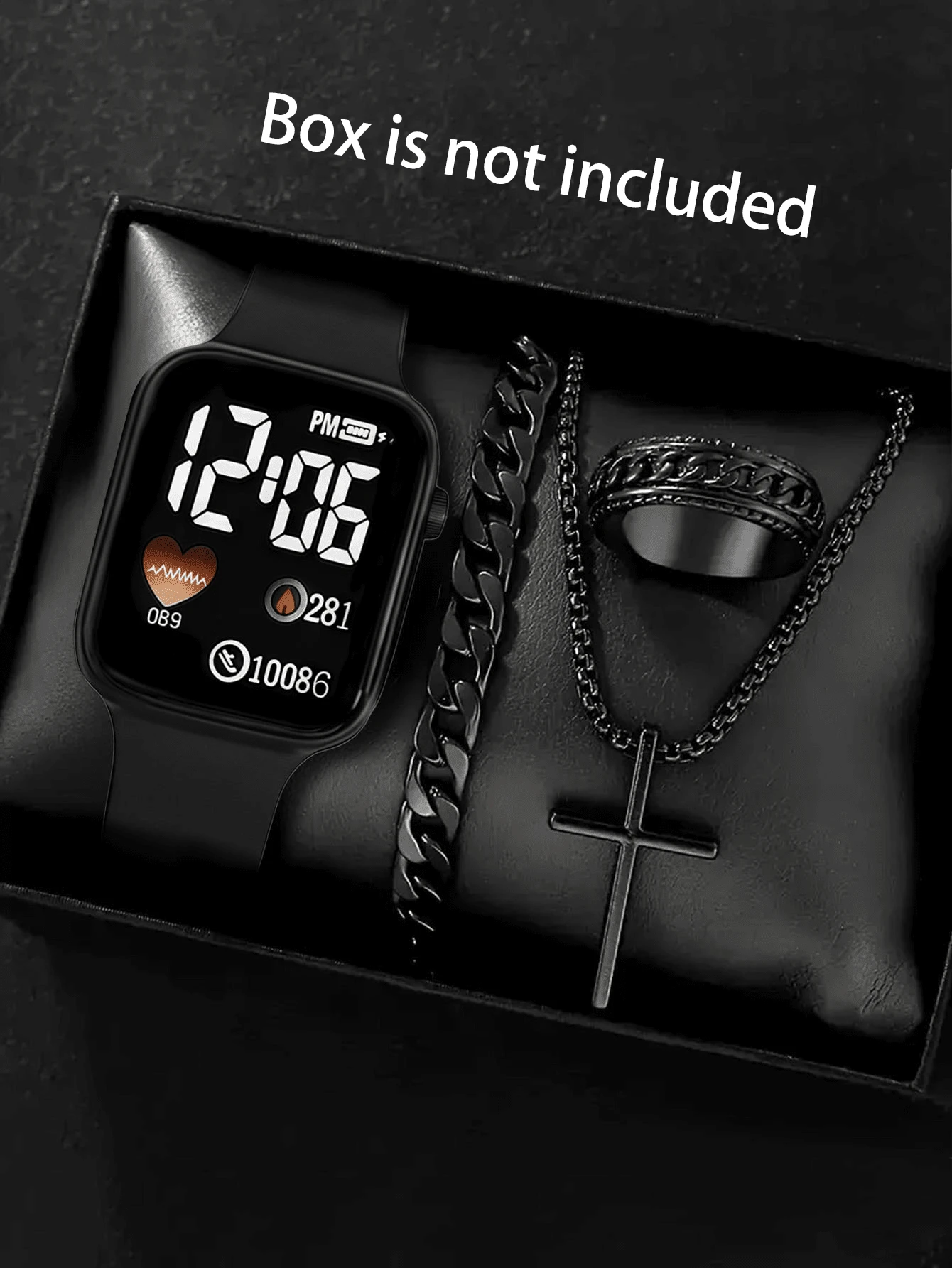 1 pièce Montre numérique carrée pour homme et 3 pièces Bracelet Collier Bague, le meilleur cadeau pour Halloween