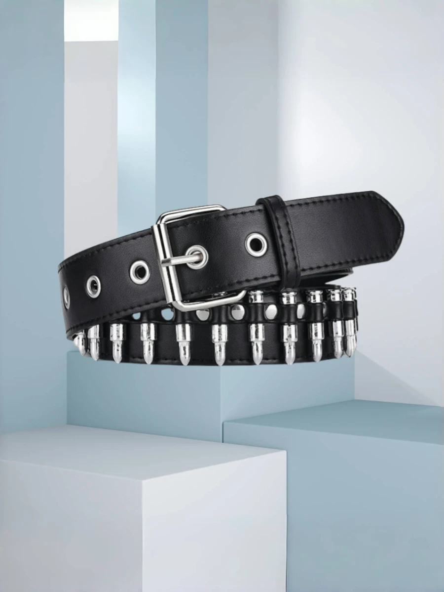 1pc Men'S Punk Style Rivet Decorated Heavy Metal Dark Belt - Black Faux Leather With Square Buckle, Alloy Rivets, Casual Fashion Accessory For Halloween, Mardi Gras, St. Patrick'S Day, And Easter, Casual Fashion Belt|Punk Style Belt|Rivet Decorated Belt