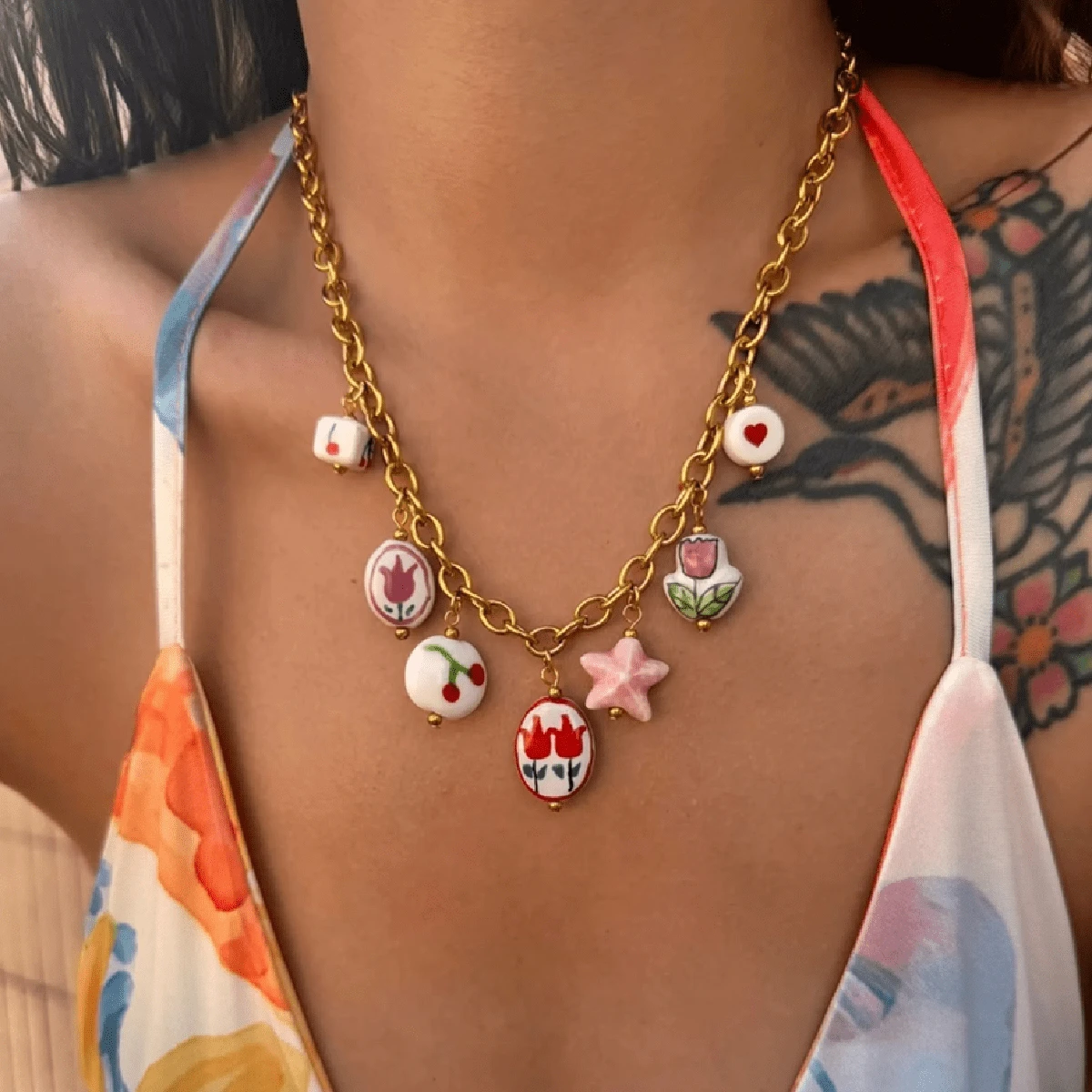 VKHK 1 pieza Collar con colgante de cerámica chapado en oro de 18K estilo chino vintage de acero inoxidable, adecuado para uso diario de mujeres y como regalo