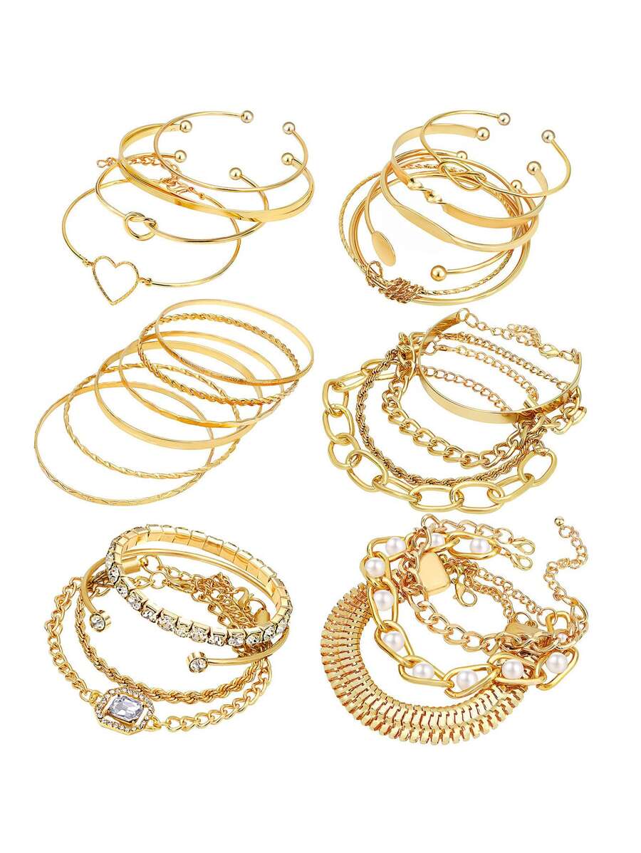 Yanxyad Goldarmbänder Set, mehrlagige Manschetten-Wickel -Ketten Armbänder für Frauen, vergoldete mehrlagige stapelbare Manschetten-Wickel -Ketten Tennis Armband offene einstellbare Armreif Schmuckset für Frauengeschenke