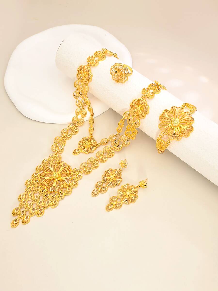 5pcs/Set Vintage Delicate Hollow Flower Rings, Necklace, Earrings, Bracelet Premium Women Jewelry Set