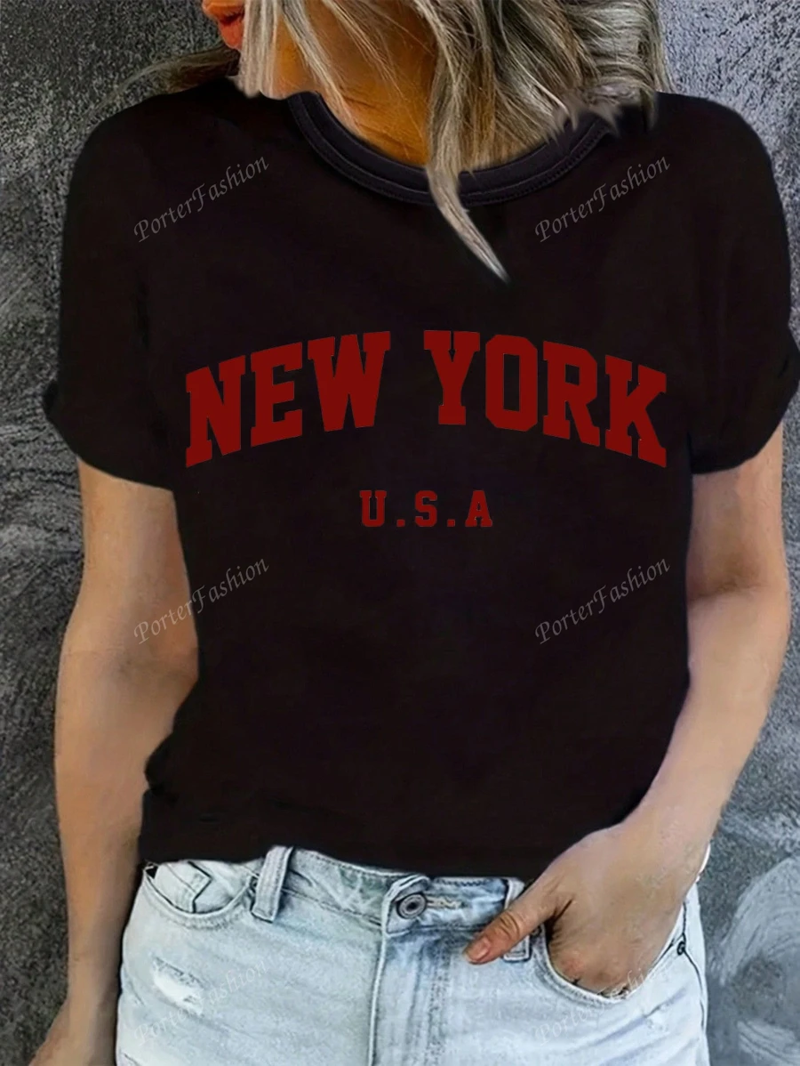 Camiseta de cuello redondo para mujer manga corta material algodón New York