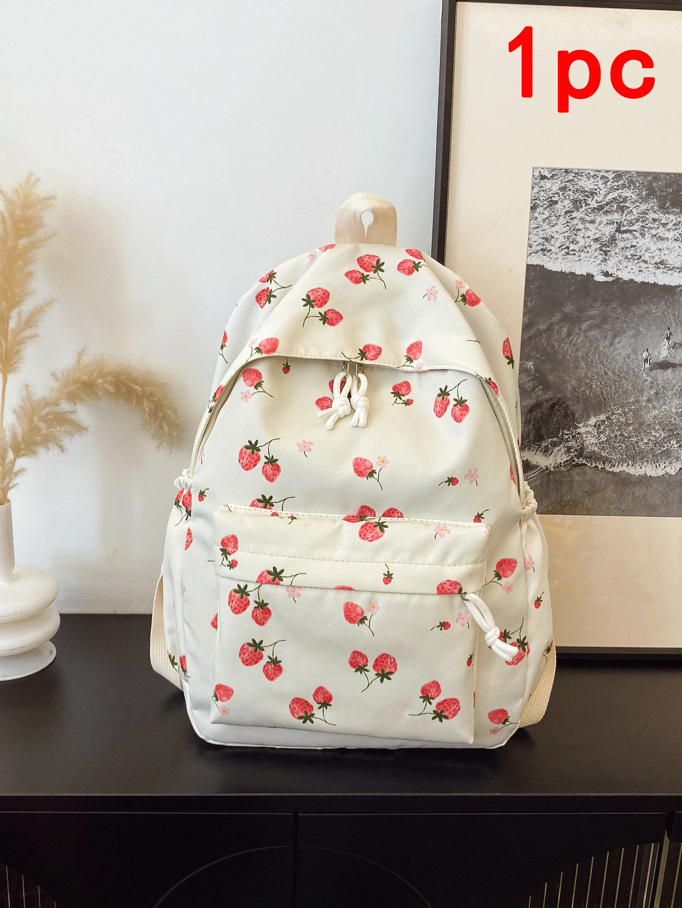 1pc, Versatile, Fashionable, High-Value, Niche Design, Casual, Cute, Sweet, Hand-Held Backpack, Fabric Letter Strawberry Print, Adjustable Shoulder Strap, Large Capacity, Multi-Pocket Backpack, Suitable For Women'S Daily Commuting And Going Out For Shopping And Play