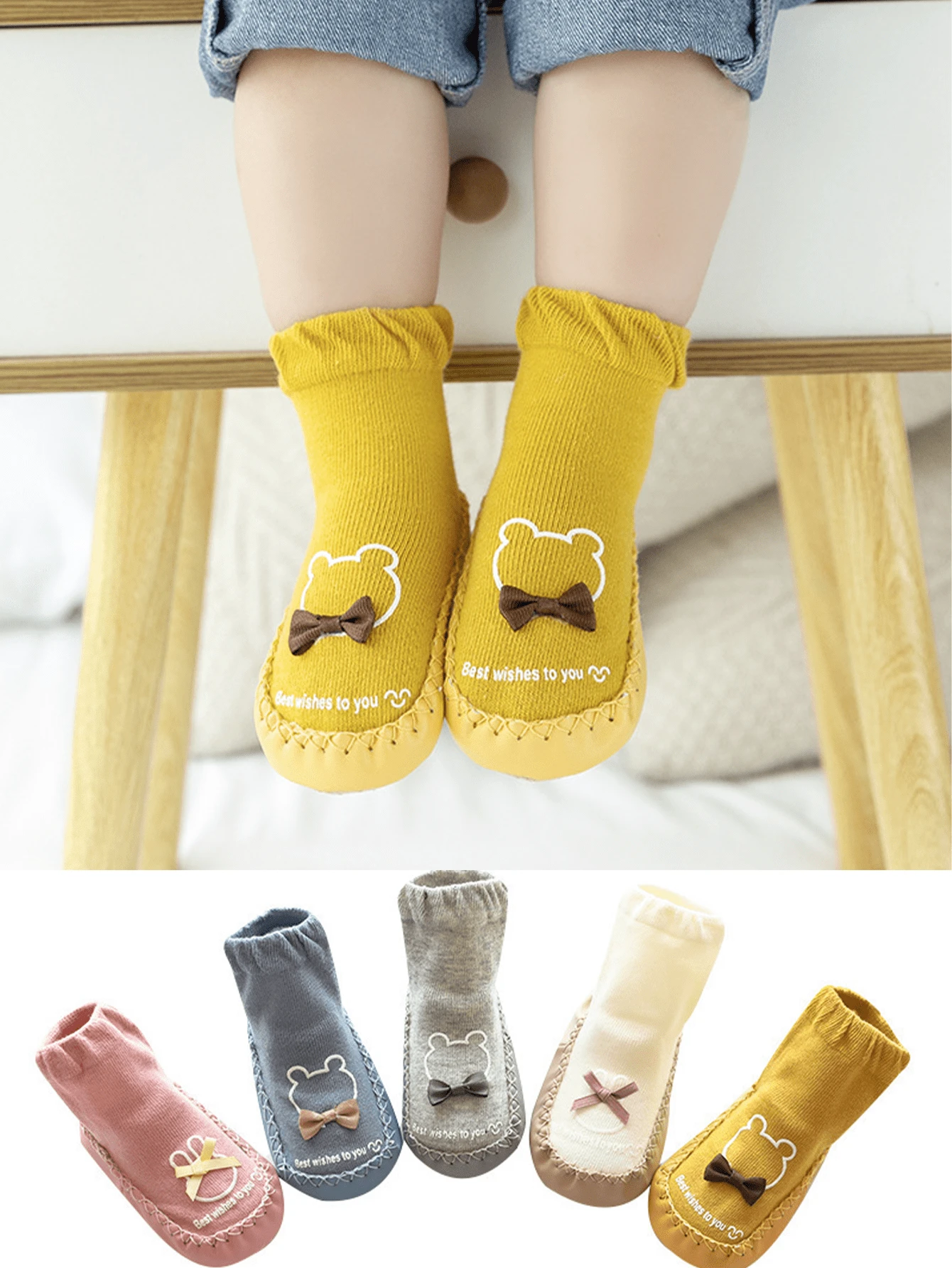 1 par de calcetines antideslizantes para bebé con conejo y moño, calcetines para gatear en interiores para niños pequeños con puntos de goma