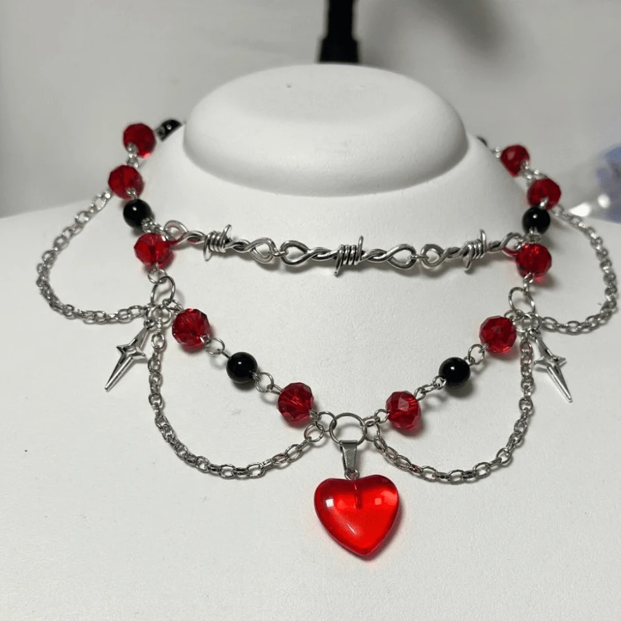 Gargantilha Com Coração vermelho Aço Inox Pingentes de Cristais Colar Arame Farpado Personalizado Pingentes de Estrelas