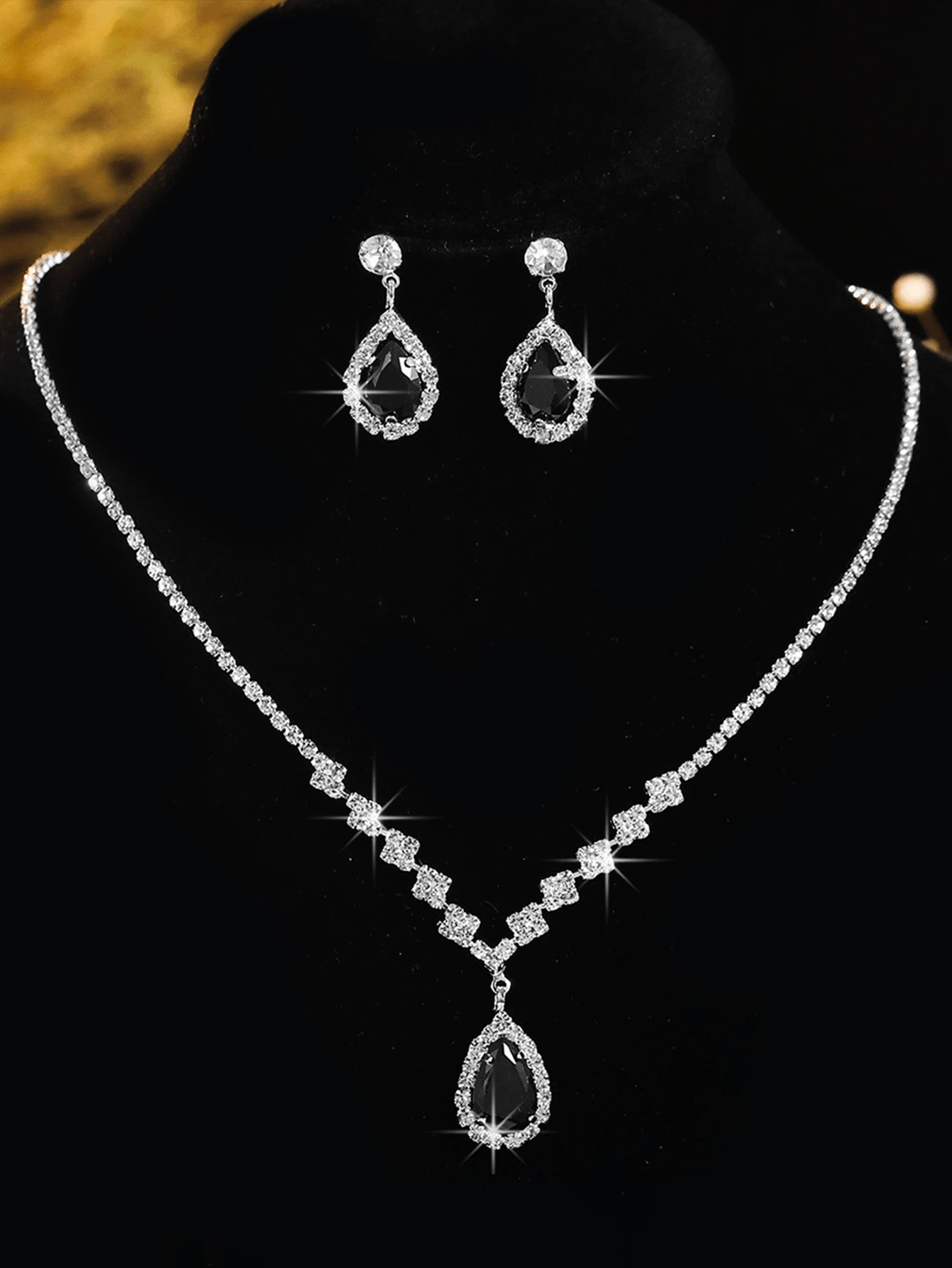 Set di gioielli da sposa composto da 3 pezzi: collana e orecchini neri eleganti e di lusso con cristalli, perfetti per occasioni formali come matrimoni, gala, feste, balli