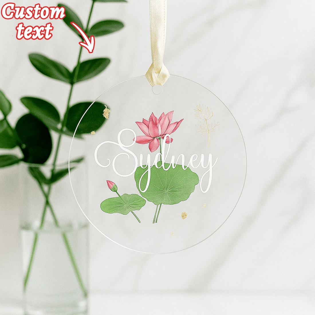 1PC Customized Personalized Transparent Acrylic Pendant - Customized Name Circular Pendant With Flower Pattern, Suitable As A Newborn Gift, Best Friend Gift, Wedding Item, Room Decoration Or Commemorative Gift With Oriental Elements, Suitable For Women Or Girls
