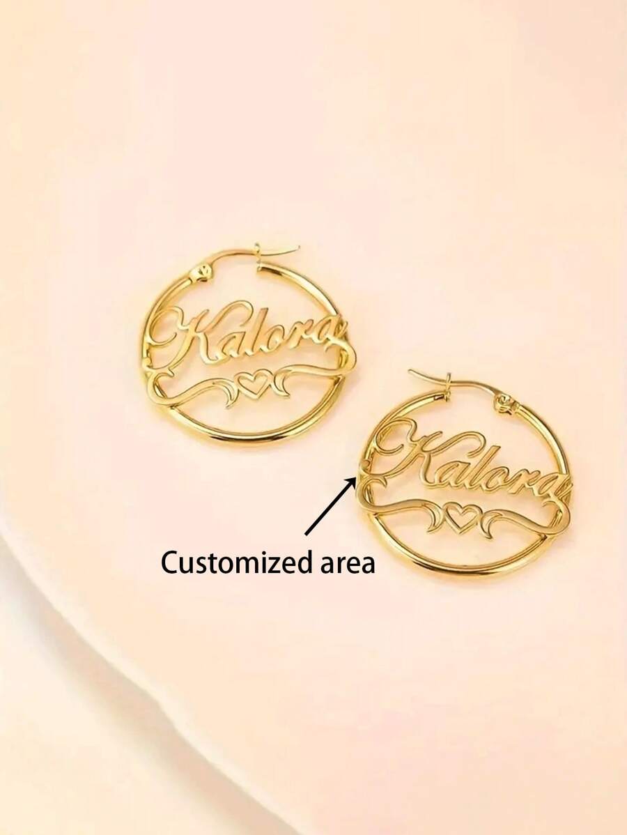 1 Customized Golden Name Hoop Earrings - Personalized Alphabet Circle Earrings With Swirl And Heart Design, Stainless Steel Fashion Jewel For Girl, Perfect For Casual Wear, Party, Graduation Gifts And Summer Accessories, Personalized Jewelry | Accessories | Durable Earrings Per For Giving To Lovers, Family, Birthday, Anniversary,
