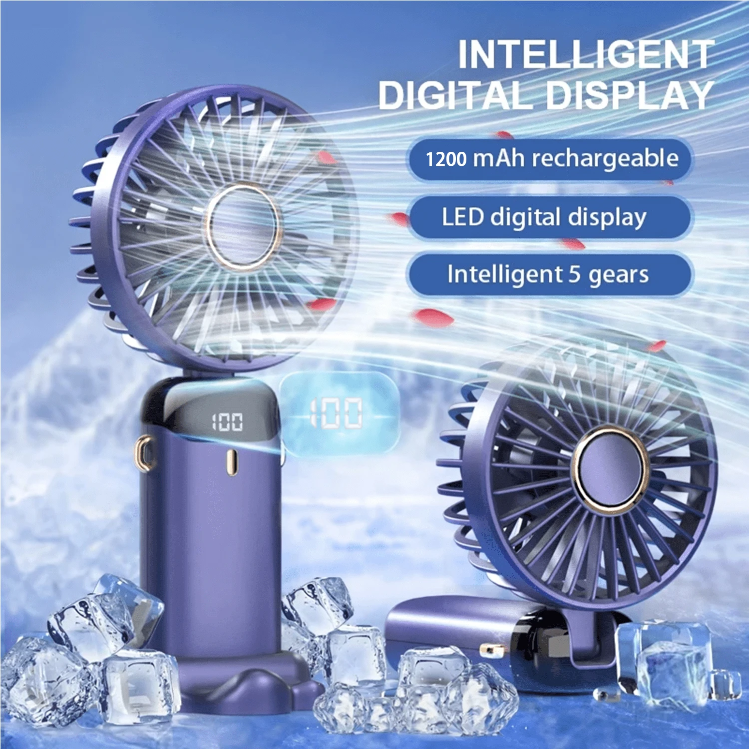 Ventilador portátil de mano, ventilador de viaje recargable, ventilador personal operado con batería, 5 velocidades, pantalla LED, plegable 90°, para campamento, exterior, hogar, oficina, refrescamiento de verano, playa, viaje