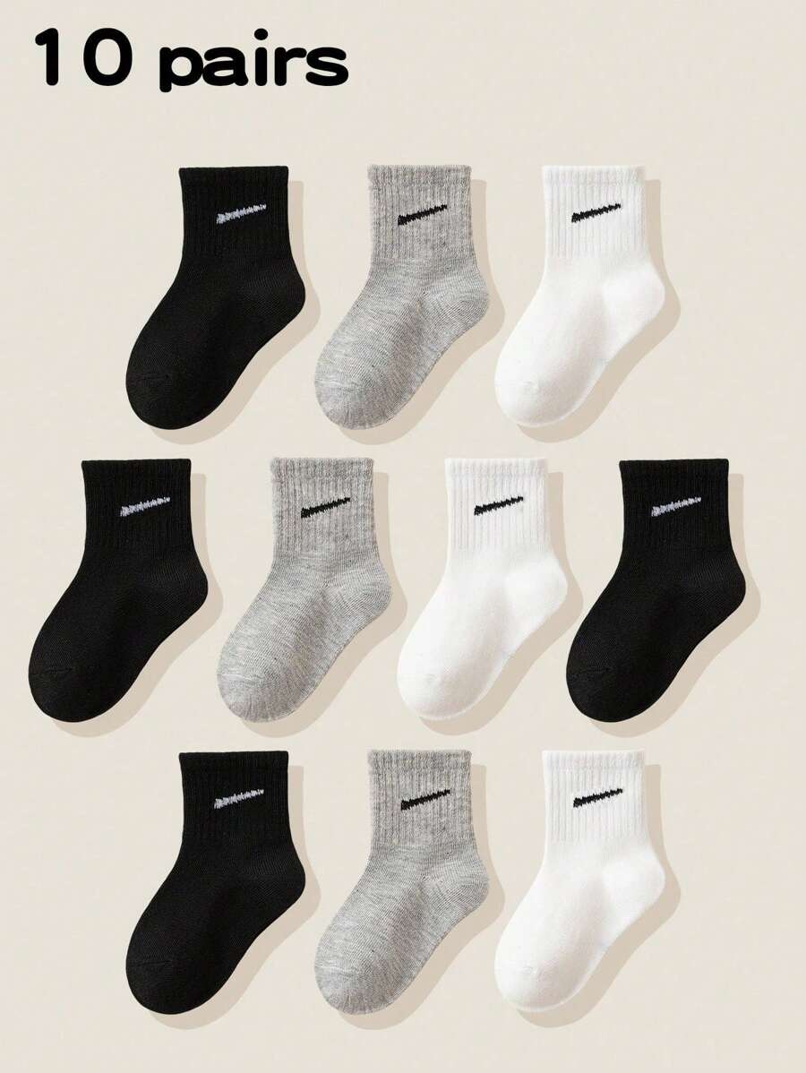 10 Pairs Kids Black White Grey Color Block Ankle Socks, Spring Summer Children Short Mid-Calf Socks, High Elasticity Candy Color Socks, Breathable Soft Comfortable Socks For Students, Teens Boys Girls, Back To School