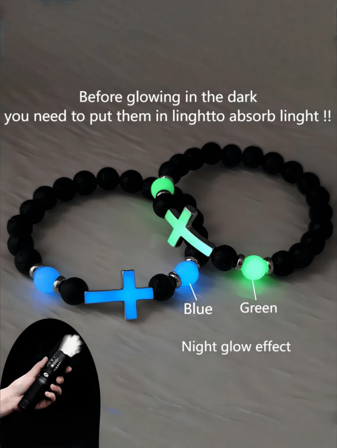 2pcs Vintage Lava Stone Glow In The Dark Bead Bracelet, Multi-Color Elastic Cross Beaded Bracelets For Men