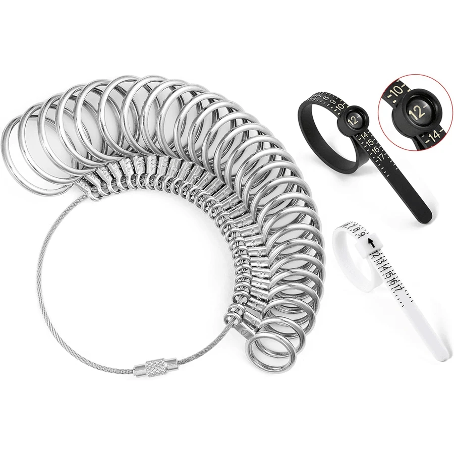Kit de herramienta de medición de talla de anillo, 27 herramientas de medición de anillo de acero inoxidable, tallas de anillo US 0-13, media talla, 2 tallas de dedo reutilizables con lupa para tallas de anillo US 1-17