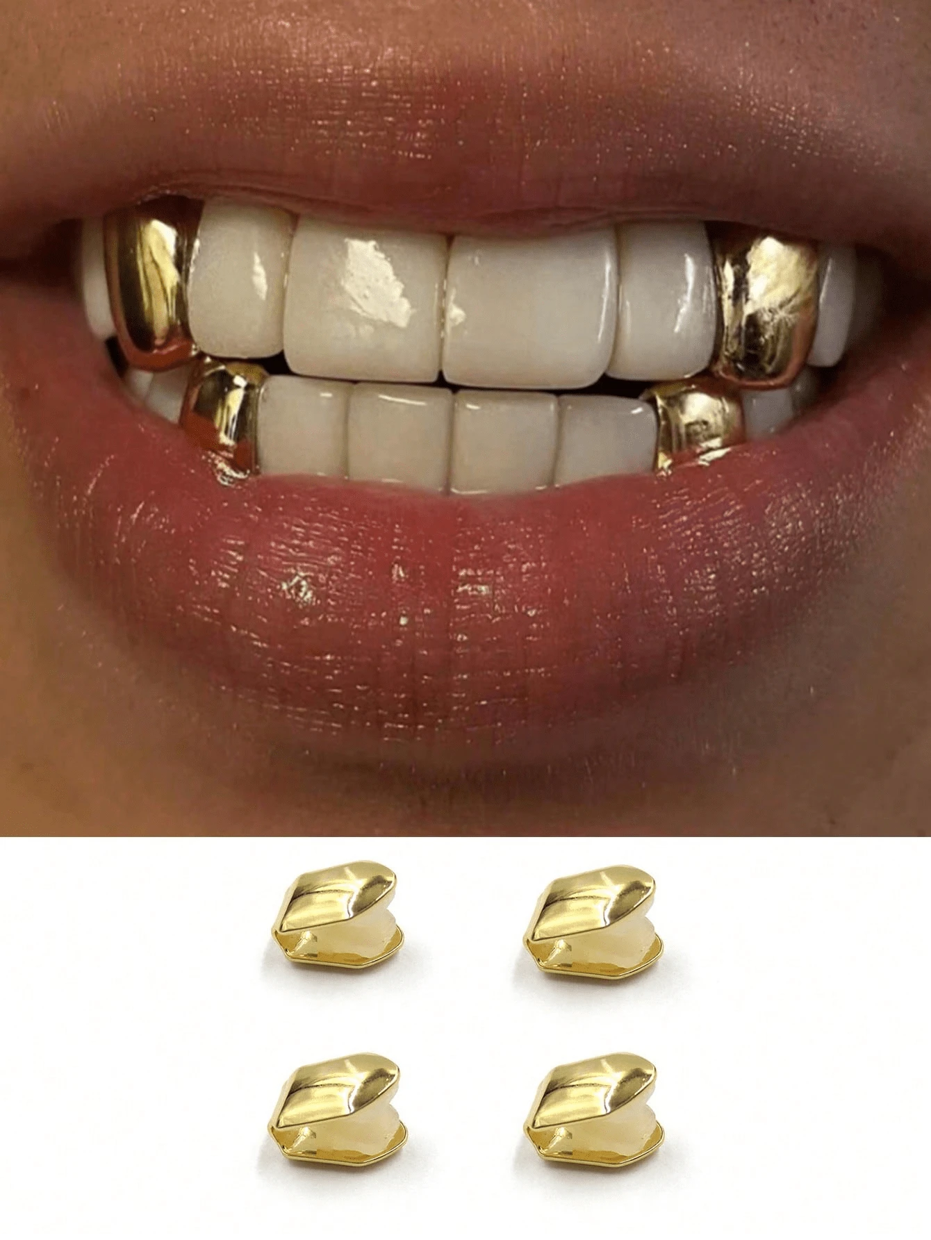 4 Stücke klassisches goldfarbenes einfaches Zahn-Grillz-Set, Hip-Hop Zahn-Dekoration, verstellbar, unisex, Bühnen-Requisiten für Partys