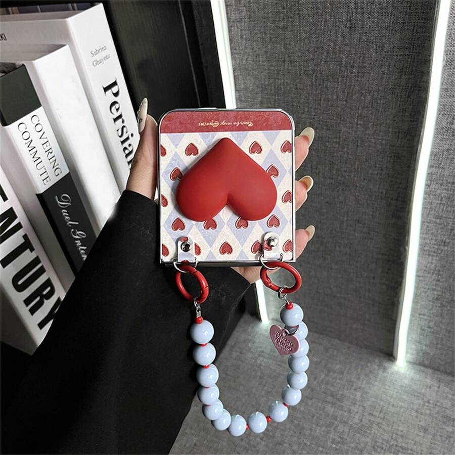 Funda de teléfono de lujo 3D con diseño de amor, vino rojo y pulsera de cuentas azules, compatible con Samsung Z Flip 5 6 Z Flip6 ZFlip 5 Zflip6 Zflip5, funda protectora a prueba de golpes