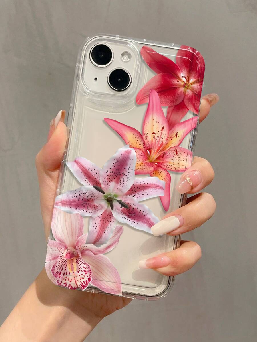 1 pieza Funda de teléfono a prueba de golpes de TPU con diseño de flor de lirio compatible con Apple AirPod 16 15 14 13 12 11 ProMax, apta para todas las series